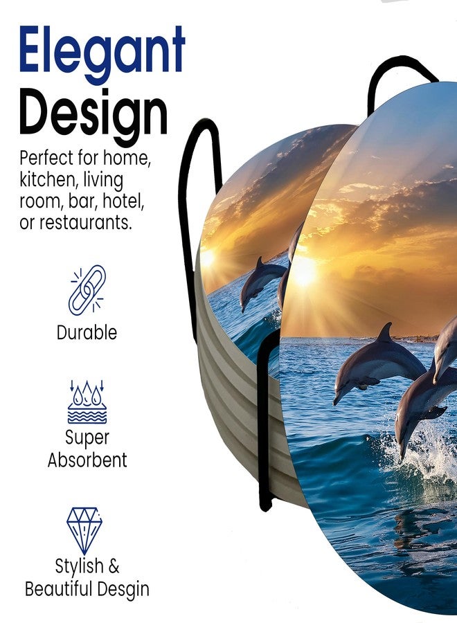 DAJDC Dolphin Jumping Ocean Coastal Round Coasters Set of 6 - Abosrbent Ceramic with Metal Stand for Drinks, Coffee, Non-Slip Cork Back for Tabletop Protection, 4 Inches (Sunset) - Image 3